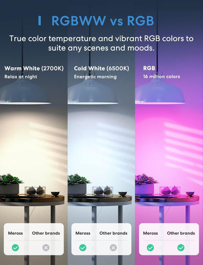 Smart Bulbs, meross Smart WiFi LED Bulbs Compatible with Apple HomeKit, Siri, Alexa, Google Assistant and SmartThings, Dimmable E26 Multicolor 2700K-6500K RGBWW, 810 Lumens 60W Equivalent, 4 Pack
