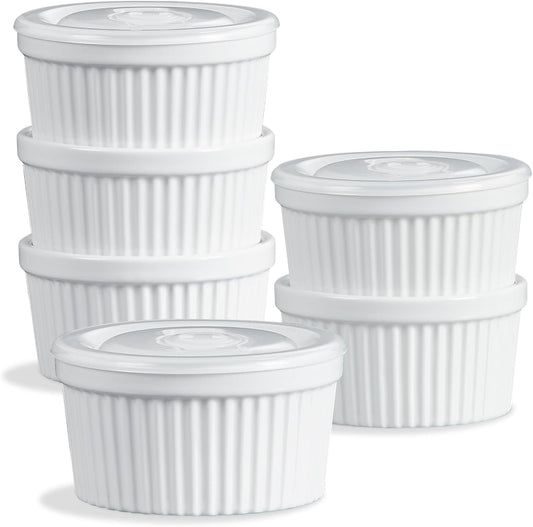 ONEMORE Ramekins with Lids, 8 oz Creme Brulee Souffle Dishes Oven Safe Ceramic Pudding Cups with Silicone Covers Stackable Custard Cups Set of 6 for Baking - White