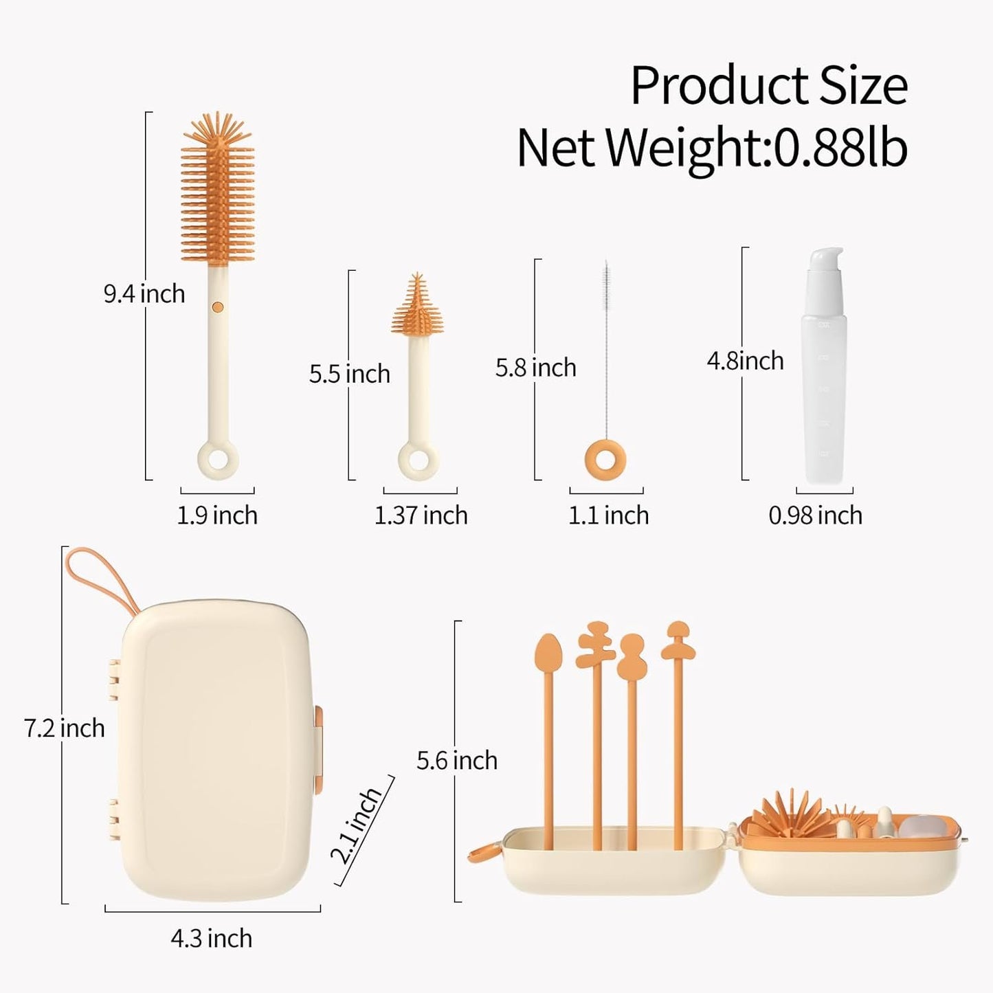 Suvast 7in1 Travel Bottle Cleaner kit,Baby Essentials, with Bottle Brush、Nipple Brush、Straw Cleaner Brush、Soap Dispenser、Bottle Drying Rack、Drainage Tray、Storage Box,Baby Travel Essential (White)