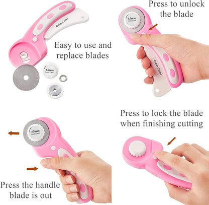 45mm Rotary Cutter with 5pcs Extra Blades, Ergonomic Handle Rolling Cutter with Safety Lock for Fabric, Leather, Crafting, Sewing, Quilting, Fabric Rotary Cutter Perfect for Left & Right Hand (Pink)