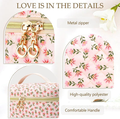 3 PCS Travel Makeup Bag Set, A-Z Initials Cotton Make up Bag Floral Quilted Cosmetic Bag for Girls and Women, Personalized Cute Toiletry Bag Travel Accessories Brushes Bag Yellow - A