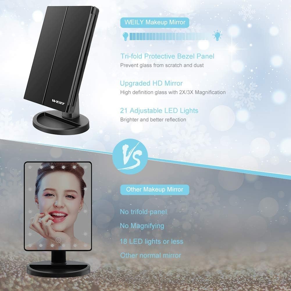 WEILY Vanity Makeup Mirror,1x/2x/3x Tri-Fold Makeup Mirror with 21 LED Lights and Adjustable Touch Screen Lighted Mirror Dressing Mirrors for Women(Black)