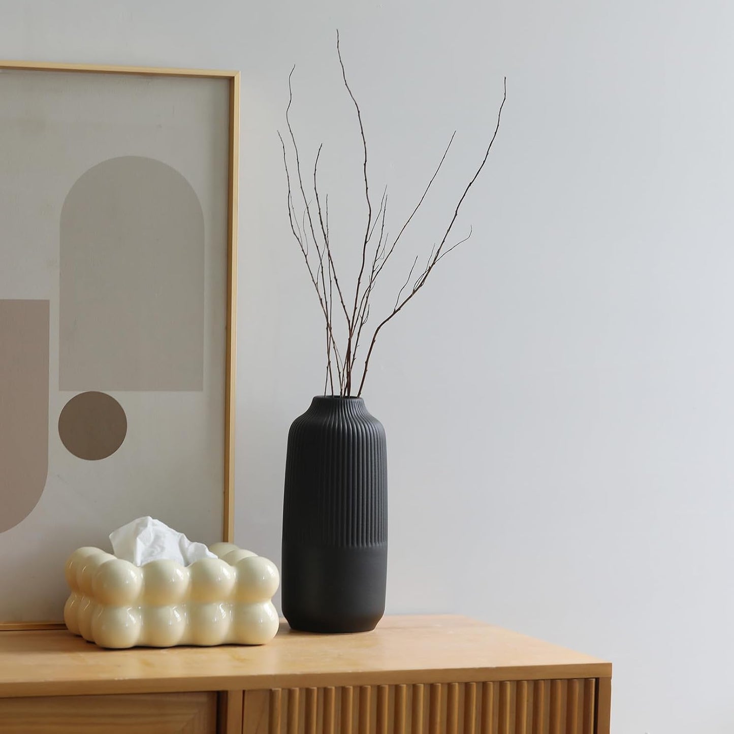 Matte Black Vase Textured Vase Ceramic Minimalist Fluted Vase Decor Modern Ribbed Flower Vases for Home Living Room, Office, Centerpiece and Wedding