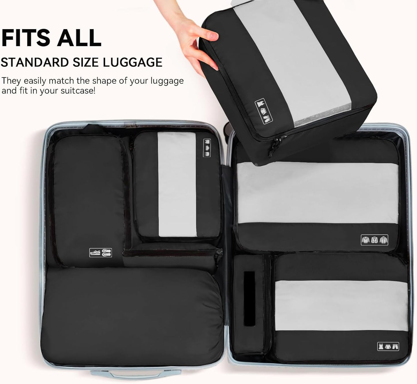 MURISE Space Saving Suitcase Organizer, 8 Piece Suitcase Organizer for Travel and Vacation, Packing Cubes with Shoe Bag and Cosmetic Bag, Travel Essentials, Black