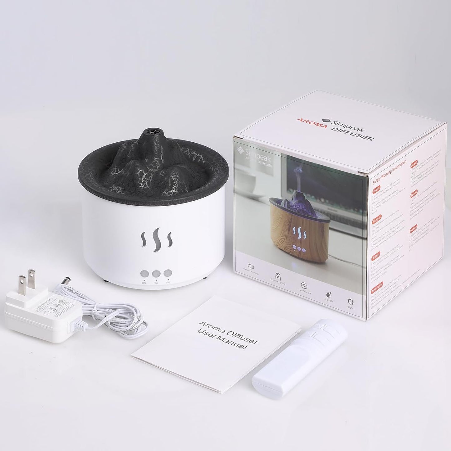 Simpeak Essential Oil Diffuser, 400ml Volcano Shape Ultrasonic Diffusers for Essential Oils, Cool Mist Humidifier with Remote Control, Aromatherapy Diffuser with Auto Shut-Off Function, White
