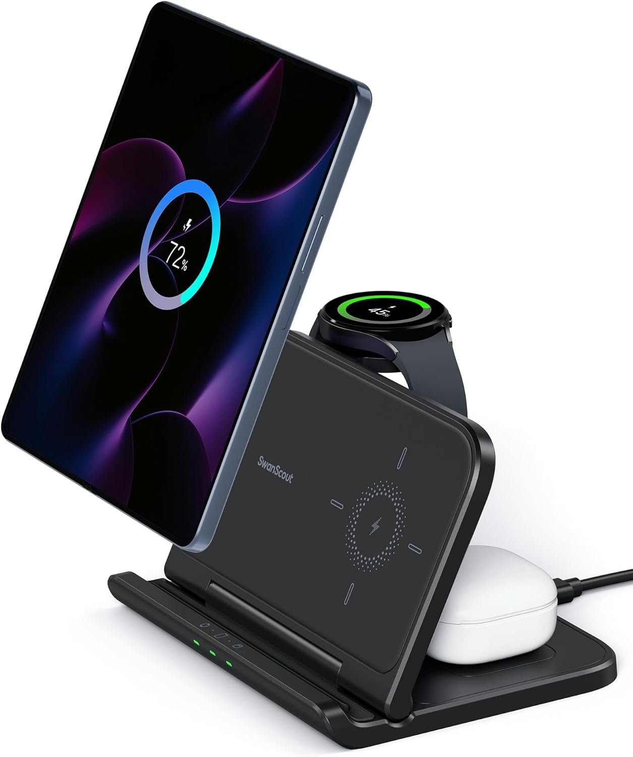 SwanScout Wireless Charger for Samsung Z Fold 6/5/Pixel 9 Pro Fold, SwanScout 705S, 3 in 1 Foldable Wireless Charging Station for Samsung Z Fold, Galaxy Watch 7/Ultra/6/5, Galaxy Buds 3 (No Adapter)