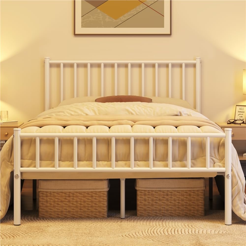 FullFurnique Metal Full Bed Frame, White Platform Bed Frame with Iron-Art Headboard and Footboard, Under Bed Storage, No Box Spring Needed, Steel Slat Support