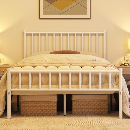 FullFurnique Metal Full Bed Frame, White Platform Bed Frame with Iron-Art Headboard and Footboard, Under Bed Storage, No Box Spring Needed, Steel Slat Support