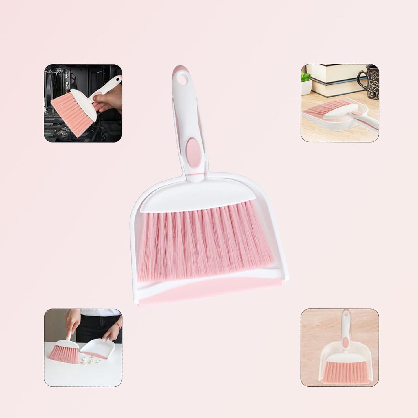 Mini Broom and Dustpan Set - Compact Desk and Cleaning Kit, Small Whisk Broom for Office, Kitchen, Home - Lightweight Pink Dustpan - Essential Daily Cleaning Tool