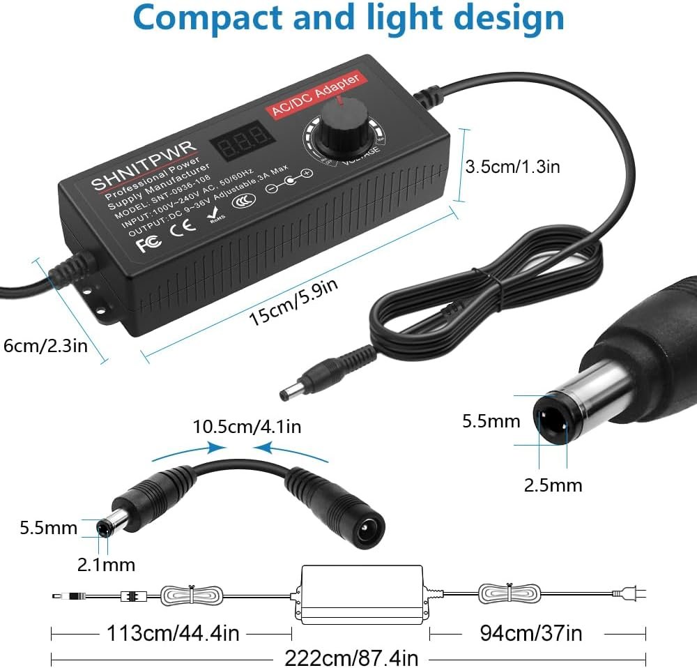 SHNITPWR Universal Power Supply Adjustable DC 24V 12V 9V 14V 19V 30V 36V AC Adapter Multi-Voltage 9V ~ 36V 3A 108W Power Adapter 100V~240V AC to DC Variable Power Converter 14 Tips 5.5x2.5mm
