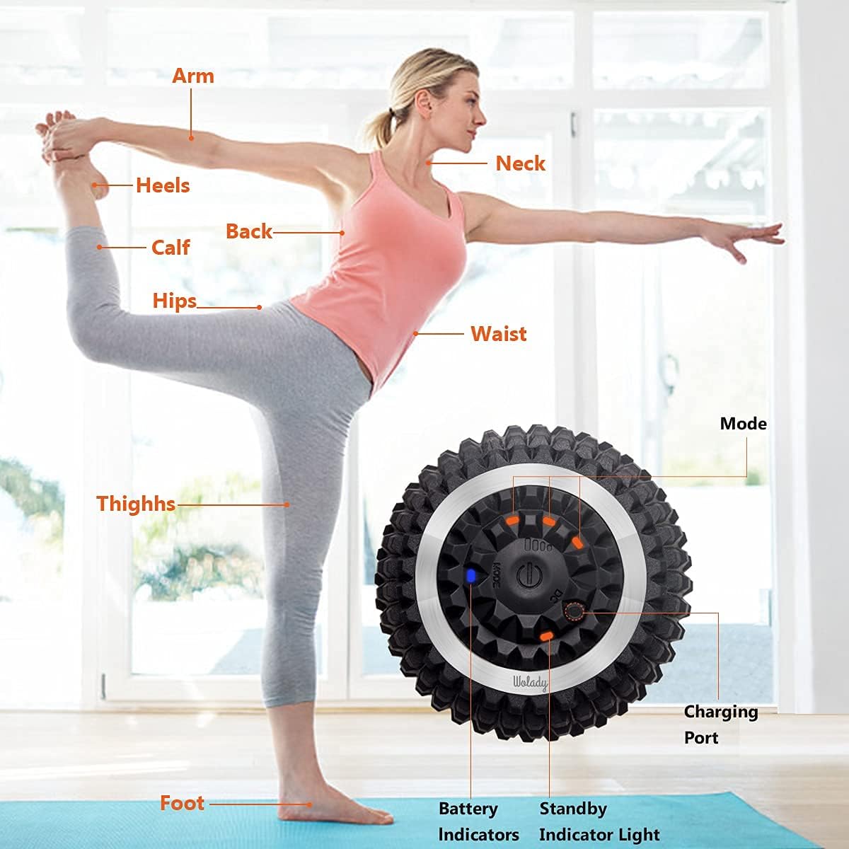 Vibrating Massage Ball Wolady 4-Speed High-Intensity Fitness Yoga Massage Roller, Relieving Muscle Tension Pain & Pressure Massaging Balls, Electric Rechargeable Washable Vibrating Massage Ball