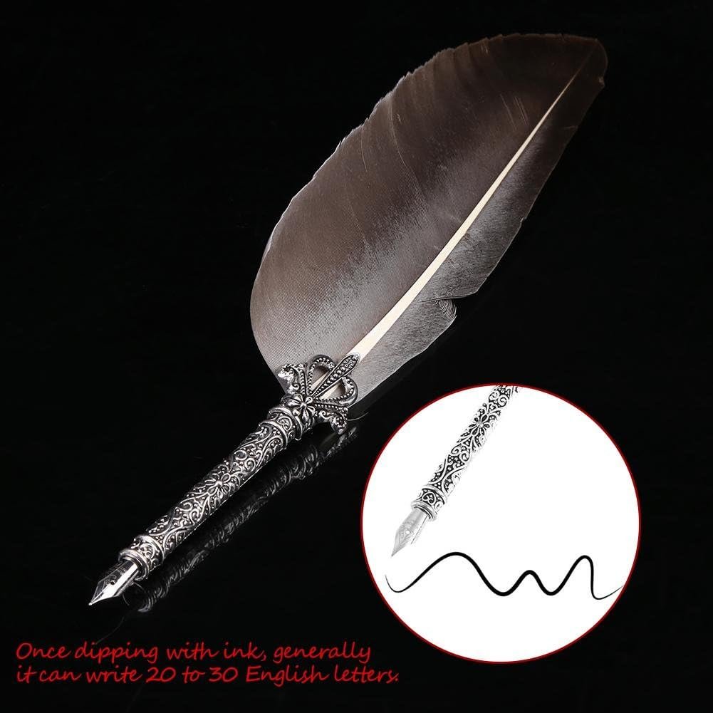 Feather Dip Pen, Retro Feather English Calligraphy Dip Quill Pen with 5 Alloy Nibs Writing Ink Set Stationery Gift Box for Friend, Teacher, Family(Black)