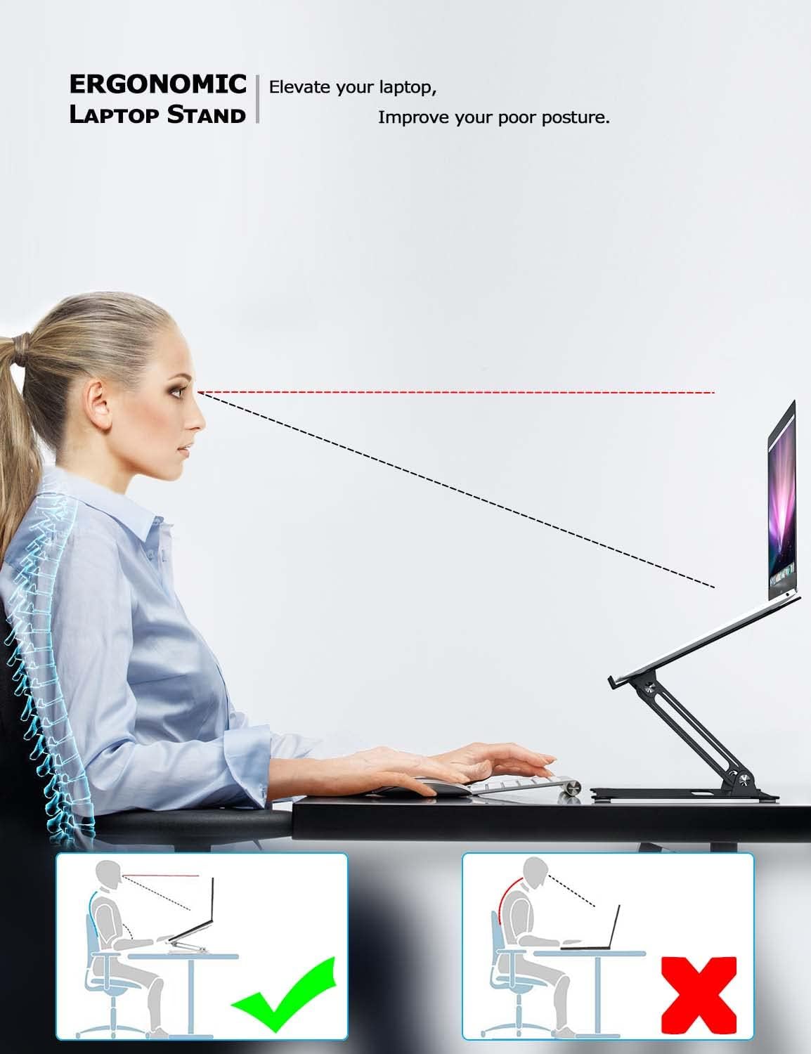 PHOCAR Laptop Riser Adjustable Laptop Stand Foldable Aluminum Portable Computer Stand Laptop Holder Compatible for MacBook,HP, Lenovo,Surface,Dell, ASUS, Laptops up to 17 Inch