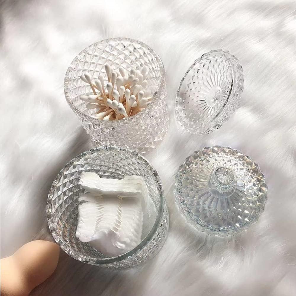 MengCat Cotton Ball and Swab Holder Organizer,Clear Glass Bathroom Vanity Countertop Canister Jars with Lid, Apothecary Jars Holder Makeup Organizer for Pads,Bath Salts 8.8OZ Set of 2
