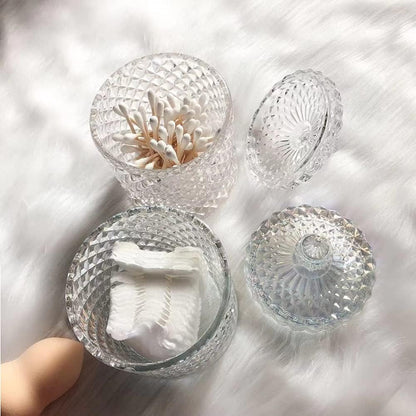MengCat Cotton Ball and Swab Holder Organizer,Clear Glass Bathroom Vanity Countertop Canister Jars with Lid, Apothecary Jars Holder Makeup Organizer for Pads,Bath Salts 8.8OZ Set of 2