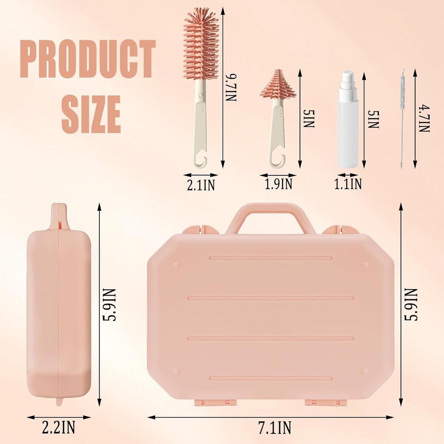 KBAKOS Baby Bottle Brush Set, 6-in-1 Travel Kit with Silicone Bottle Brush, Pacifier Brush, Straw Brush, Soap Dispenser, Drying Rack, Storage Box (Pink)