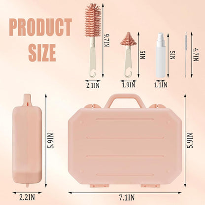 KBAKOS Baby Bottle Brush Set, 6-in-1 Travel Kit with Silicone Bottle Brush, Pacifier Brush, Straw Brush, Soap Dispenser, Drying Rack, Storage Box (Pink)