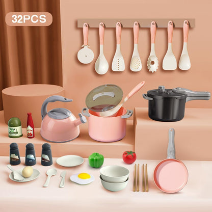 32Pcs Kids Kitchen Toy Accessories, Toddler Pretend Cooking Playset with Play Pots and Pans, Utensils Cookware Toys, Play Food Set, Canned Toy Vegetables,Toddlers Boys Girls Birthday Gift（Pink)