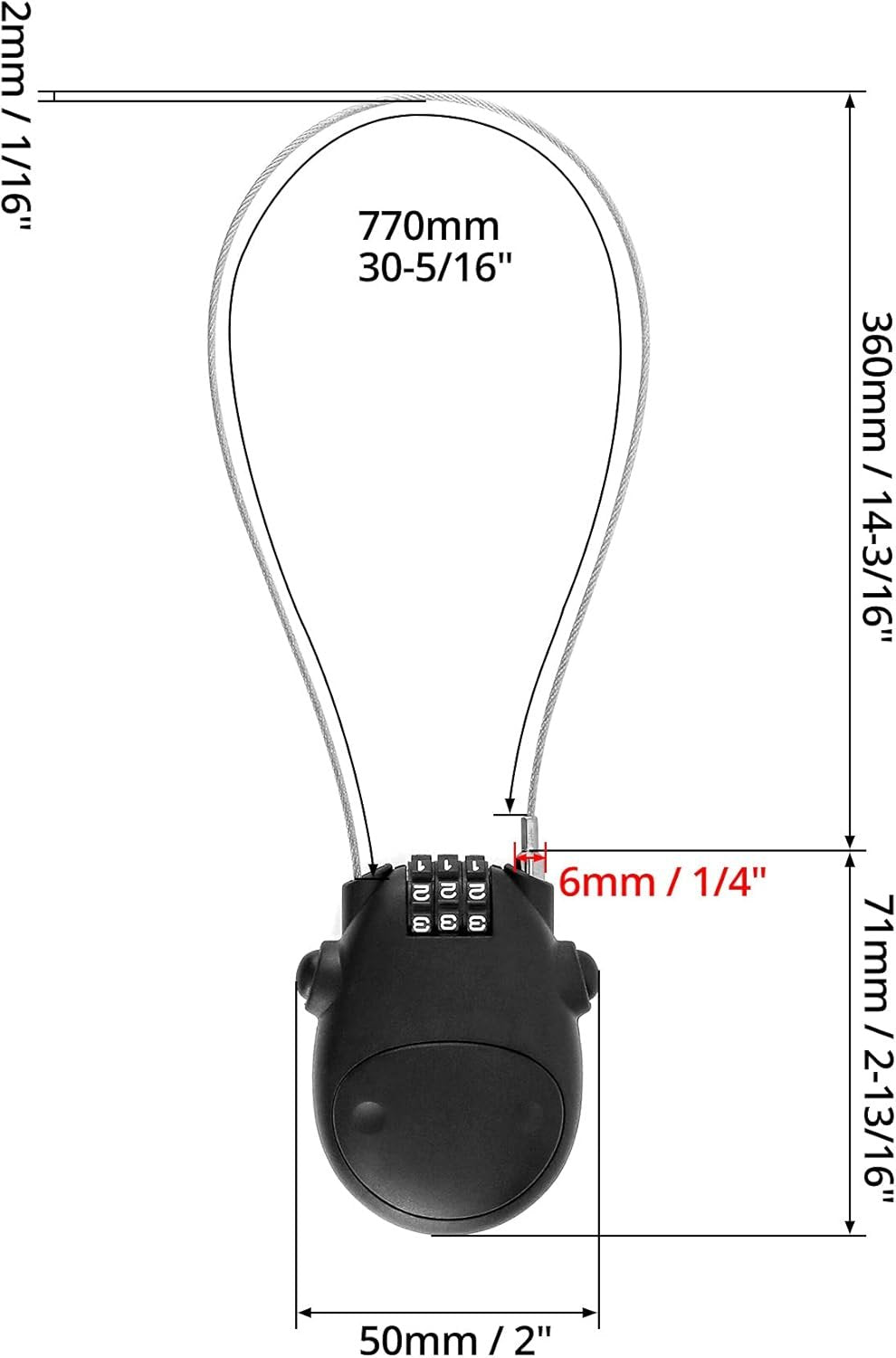 QWORKÂ® 3 Digit Combination Lock, Cable Lock, Security Password Lock, 77cm Retractable Cable for Luggage, Bike, Ski, Snowboard