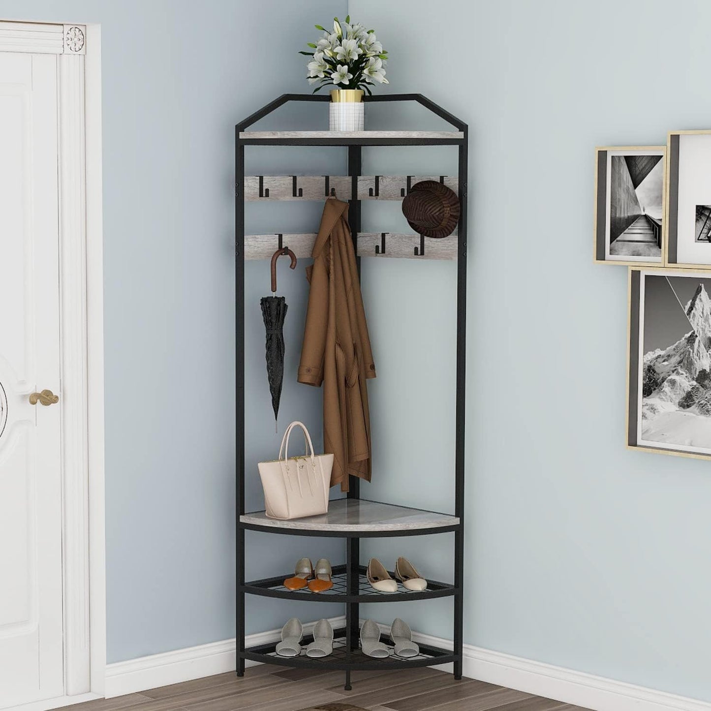VEDECASA Metal Corner Coat Rack with 12 Movable Hooks for Hallway Living Room Bedroom Office Hallway Entrance Grey