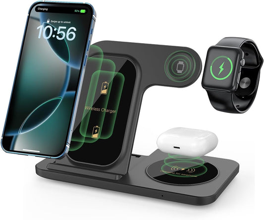 3 in 1 Wireless Charger Charging Station Foldable 15W Fast Charge Stand for iPhone 16 15 14 13 12 11 Pro Max XS XR 8 Plus,AirPods Pro2/4/3/2,Apple Watch Series 10/Ultra 2/9/8/7/6/SE/5/4/3/2,Black
