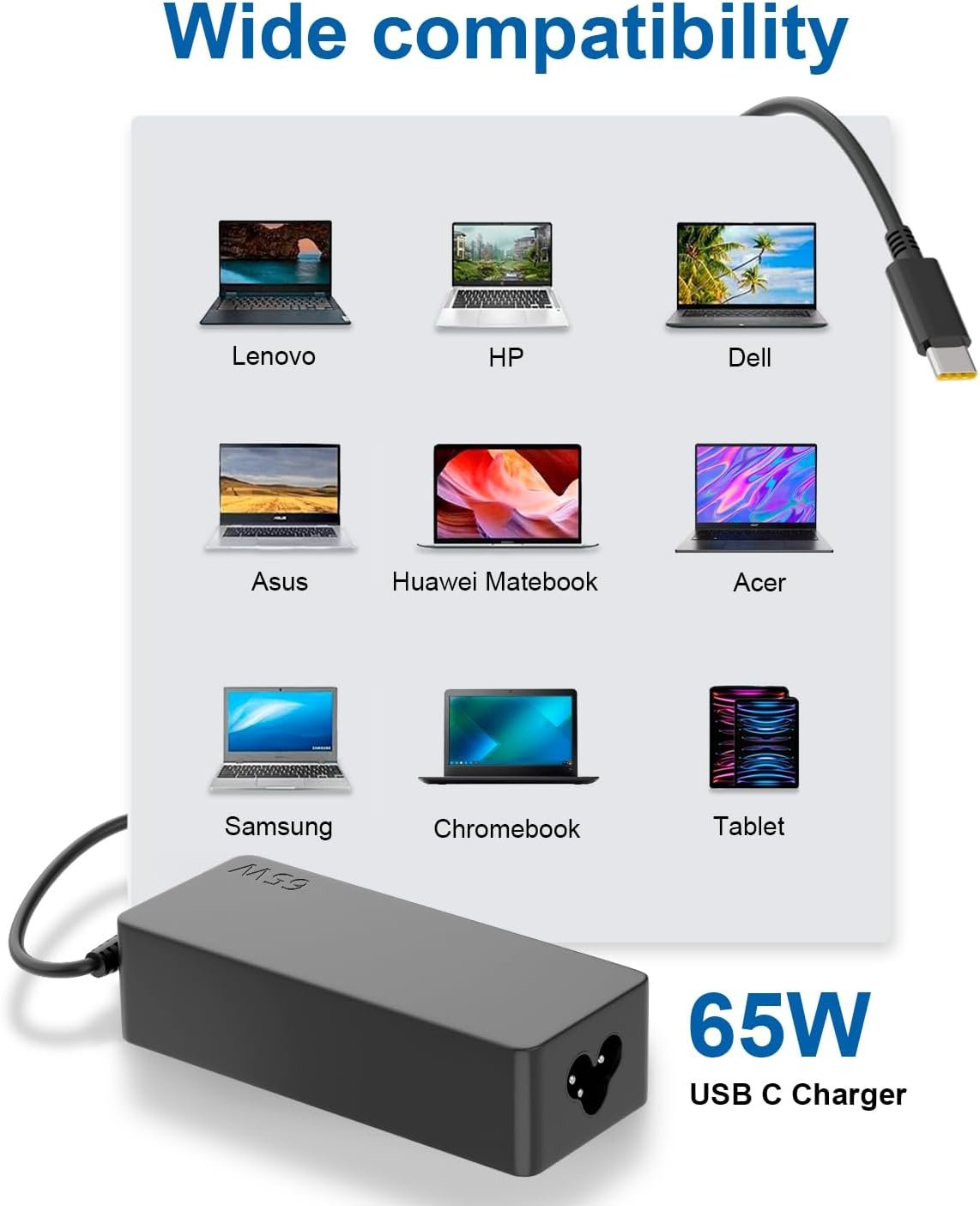 65W USB C Laptop Charger for Lenovo Thinkpad X1 Carbon T470 T480 T490 T590 E580 E590 E595 Yoga IdeaPad Chromebook Power Supply Adapter Cord 20V 3.25A