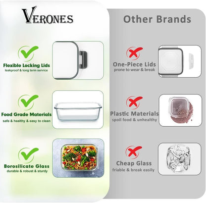 VERONES 24 Pieces Glass Food Storage Containers Set, Airtight Glass Lunch Containers, Glass Meal Prep Containers with Lids,Exclusive of BPA, for Microwave, Oven, Freezer & Dishwasher Friendly,Grey