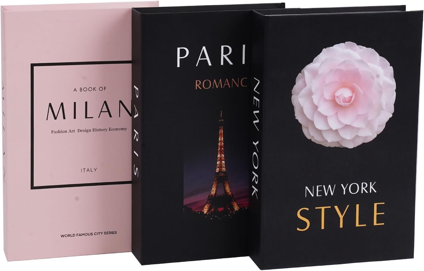 3 pcs City Decorative Books Set for Home Decor,Modern Black and Pink Faux Books,Hardcover Book,Stackfor Coffee Table and Shelf Accessories (Paris/Milan/Newyork)