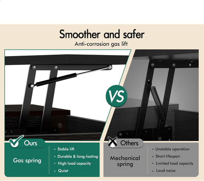 ALFORDSON Lift Tabletop Coffee Table Center Table Black Color, Living Room Office Reception Dining Table with Rising Top, Hidden Storage and Side Open Shelves