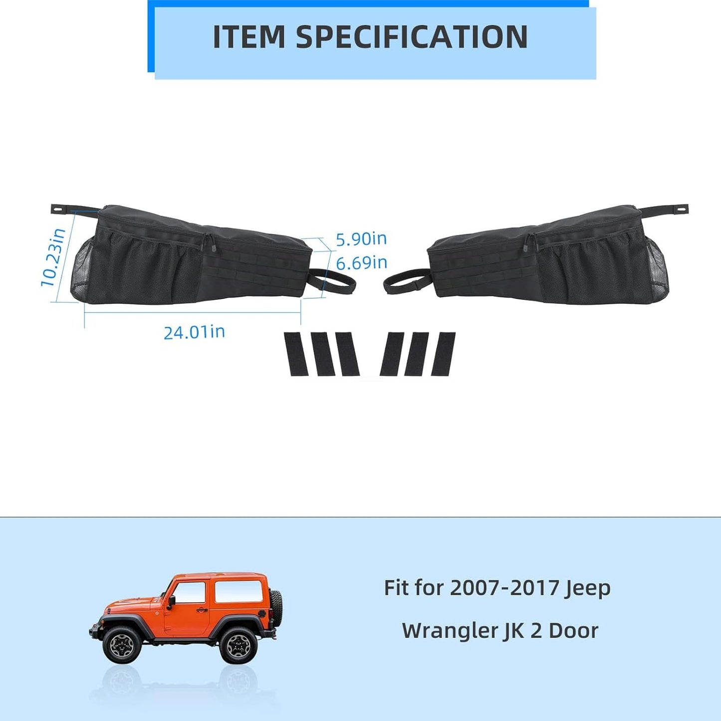 RT-TCZ Rear Trunk Organizer Storage Bag, Wheel Well Side Storage Pocket Interior Accessories for 2007-2017 Jeep Wrangler JK 2 Door, 2 PCS
