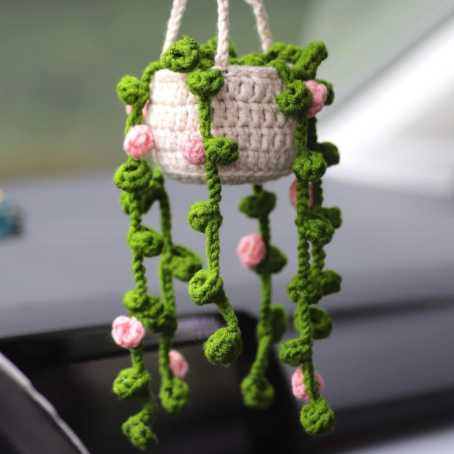 Minasona Cute Potted Plants Crochet Car Mirror Hanging Accessories for Women Men - Handmade Knitted Rear View Mirror Interior Aesthetic (Pink Flowers)