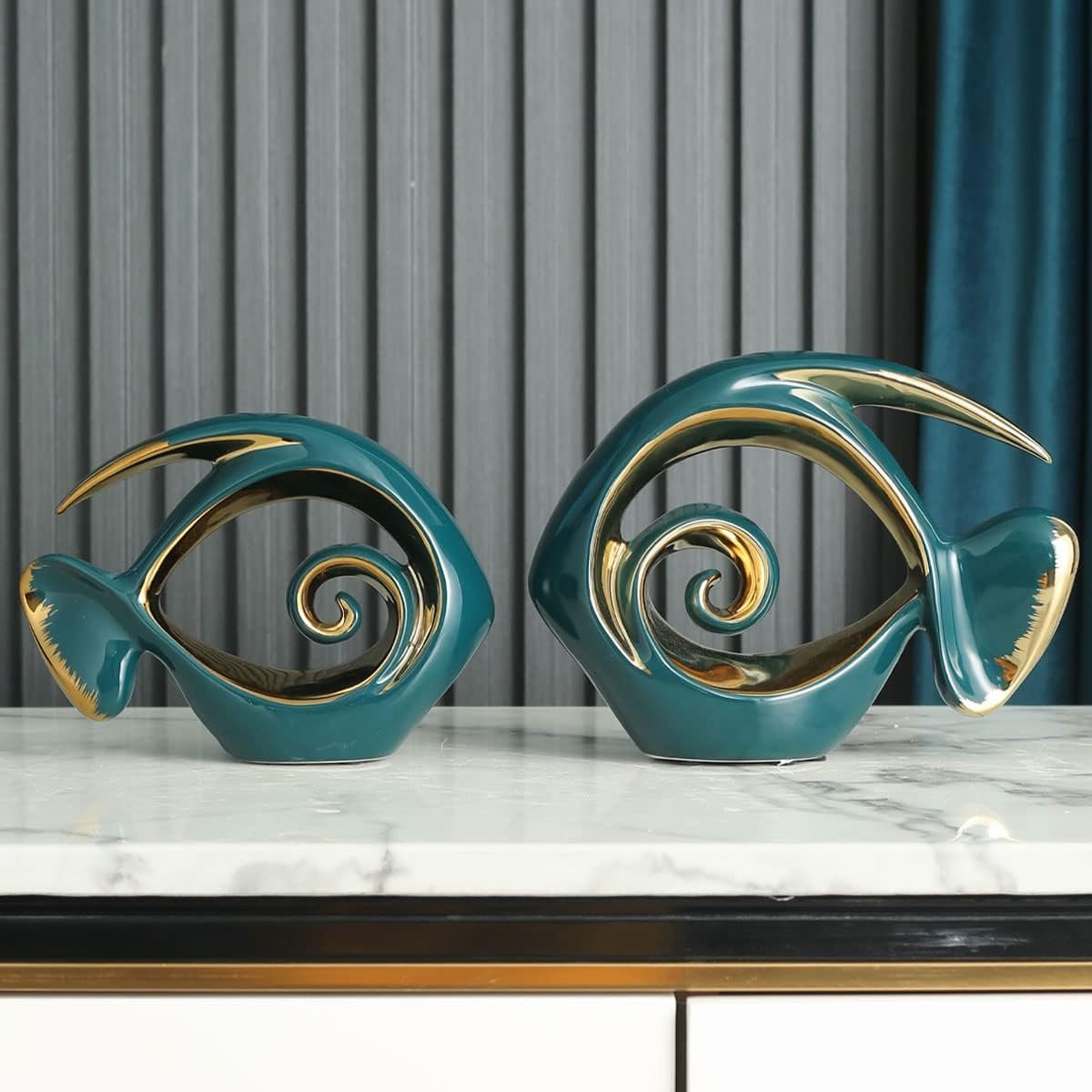 Gold Green Ceramic Fish Figurines - Coastal Home Decor, Modern Ocean Centerpieces for Living Room, Dining Room, Bathroom, Office, Coffee Table, Beach House, Boating, Sea