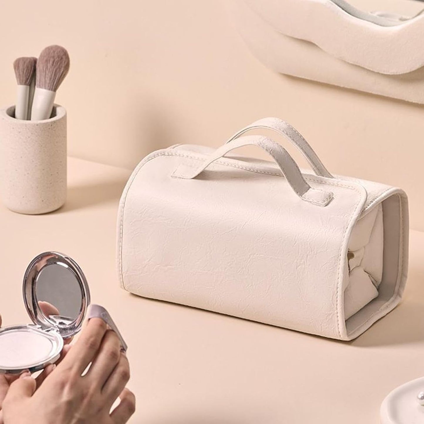 Toiletry Roll Up Travel Bag | Large Capacity Leather Waterproof Cosmetic and Makeup Bag | Open Flat 4 Detachable Clear Compartment Portable Toiletry Bag Pouch with Handle for Accessories, white,
