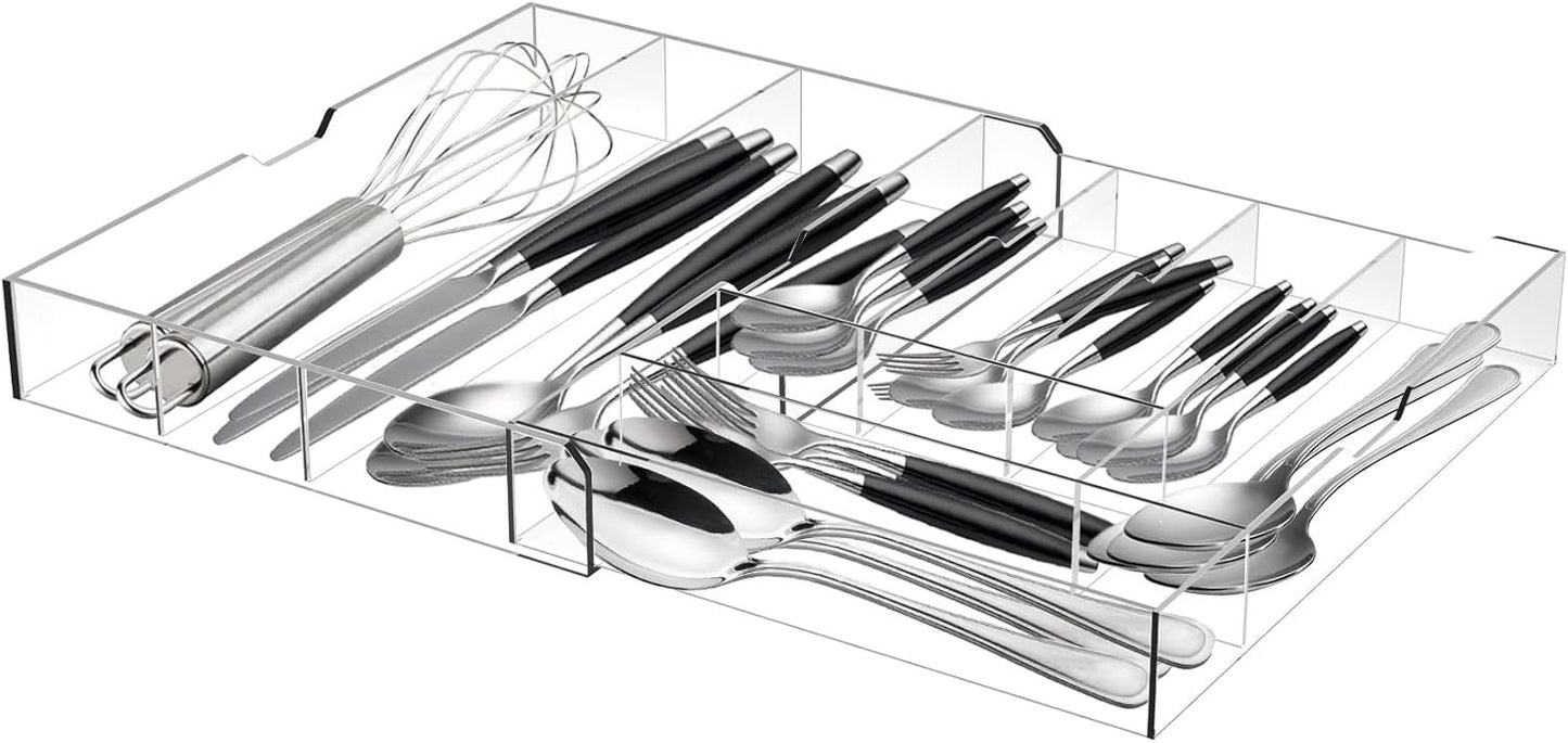 Fasmov Expandable Plastic In-Drawer Utensil Organizer Tray, Acrylic Adjustable Cutlery and Flatware Tray, Silverware Organizer Kitchen Drawer Organizer for Flatware and Utensils -9 Compartments