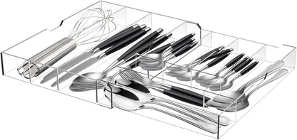 Fasmov Expandable Plastic In-Drawer Utensil Organizer Tray, Acrylic Adjustable Cutlery and Flatware Tray, Silverware Organizer Kitchen Drawer Organizer for Flatware and Utensils -9 Compartments