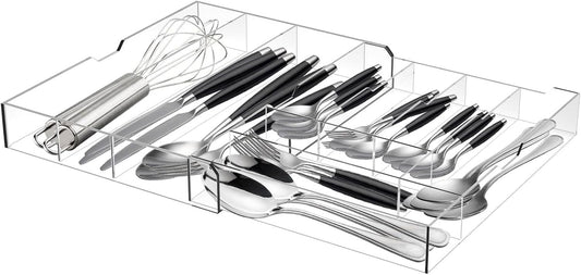 Fasmov Expandable Plastic In-Drawer Utensil Organizer Tray, Acrylic Adjustable Cutlery and Flatware Tray, Silverware Organizer Kitchen Drawer Organizer for Flatware and Utensils -9 Compartments