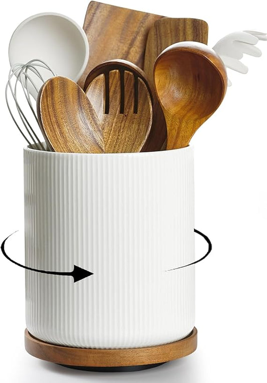getstar 360 Rotating Large Kitchen Utensil Holder, Ceramic Cooking Utensil Holder for Kitchen Counter with Rotatable and Detachable Wooden Base