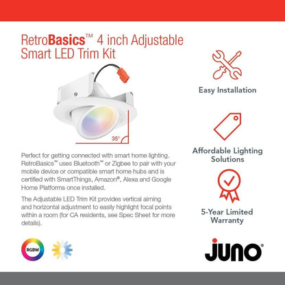 Juno RB4AC RGBW MW L/SKTWHIP M6 RetroBasics Connect Adjustable LED Downlight, Dynamic Color Red, Green, Blue, White, Matte White, 4-Inch