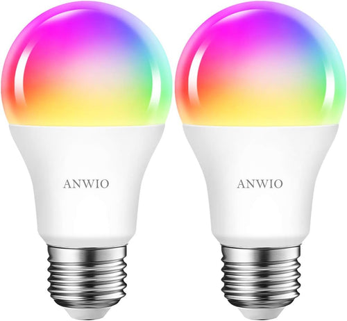 ANWIO Smart Light Bulb 2 Pack, A19 Smart LED, Work with Alexa, Google Light Bulbs, Smart Life Bulbs, Tuya App, Colour Changing Light Bulb, WiFi & Bluetooth No Hub Required，8.5W (60W Replacement)