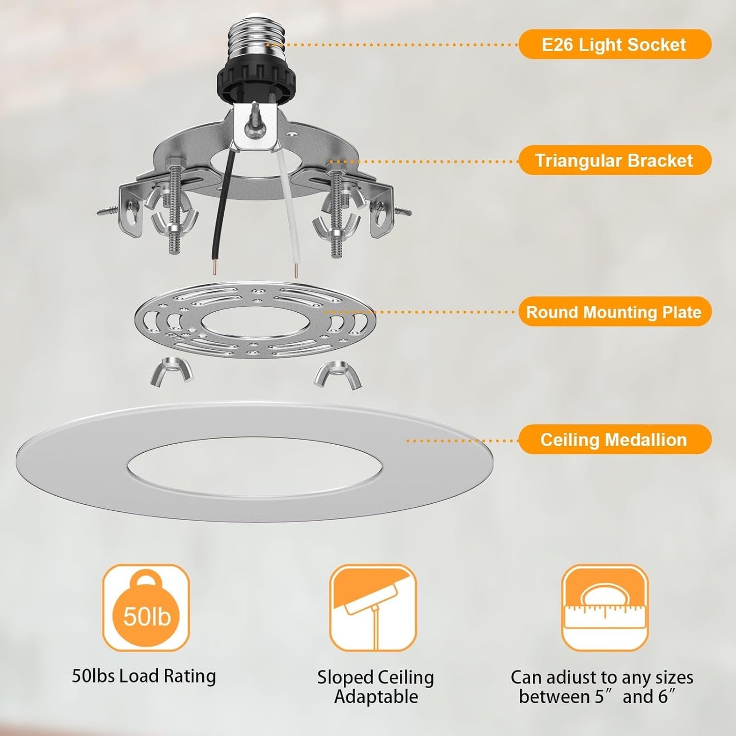 YIIZON R5 and 6 Recessed Can Light Conversion Kit, Fixture Upgrade, Pendant & Hanging Light, Ceiling Fan Compatible, 7¾ Inch Flat Steel Ceiling Medallion, White Finish
