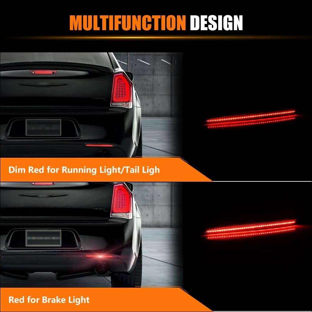 ATROVI LED Rear Bumper Reflector Light for 2015-up Chrysler 300, Replace OEM Rear Bumper Reflector Smoked Lens 90-SMD Red LED Tail Brake Fog Lamps Reflector Light Kit, 2 PCS