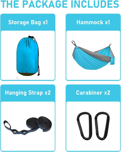 SOOPRNO Camping Hammock. Portable Double and Single Hammock with 2 Tree Straps and Attached Carry Bag. Camping Gear for Outdoor Hiking Camping Beach Backpacking Travel. (Blue & Grey)