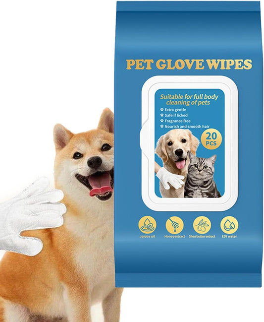 Pet Glove Wipes - 20X Dry Cleaning Gloves for Dogs | Comfortable Waterless Washer Brush for Daily Care, Washing Grooming Bathing, Paw Hygiene