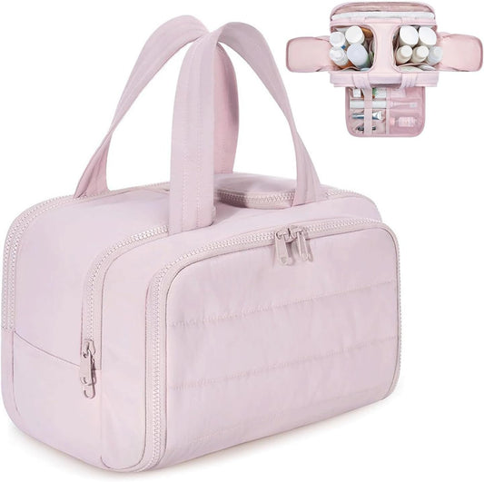 Travel Toiletry Bag, Puff Large Capacity Cosmetic Bag, Lightweight Wide Open Travel Bag for Women, Makeup Toiletry Bag Organizer with Handle for Accessories,Essentials. (Pink)