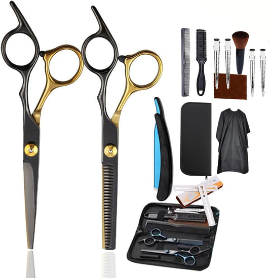 Hairdressing Scissors, Hair Thinning Scissors, Hair Scissors, 14 Professional Stainless Steel Hair, with Barber Cape, Comb and Clip for Men, Women, Children