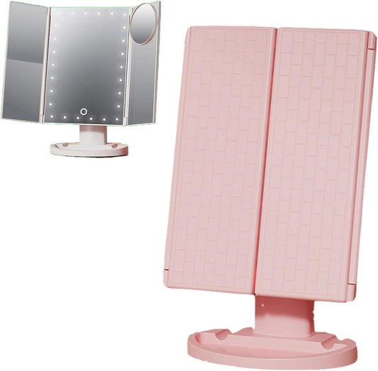 Tri-Fold LED Makeup Mirror | Portable Tabletop Vanity Mirror | Stepless Dimming | 1X/2X/3X Magnification + 10X Small Mirror | Home & Travel Makeup Tool (Pink)