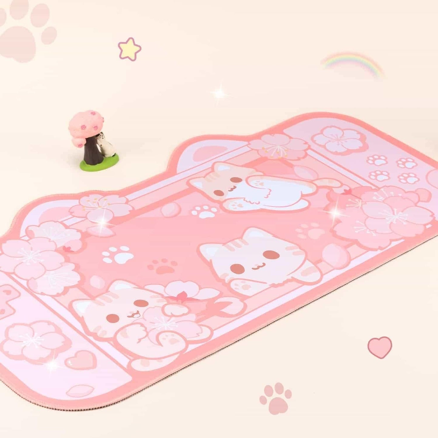 BelugaDesign Sakura Cat Desk Pad | NS Switch Keyboard Laptop Gaming Setup Accessories Mat Large Mat Mousepad | Pastel Pink Bunny Kawaii Cute Anime Desk Mat Blotter Protector with Gel Wrist Support