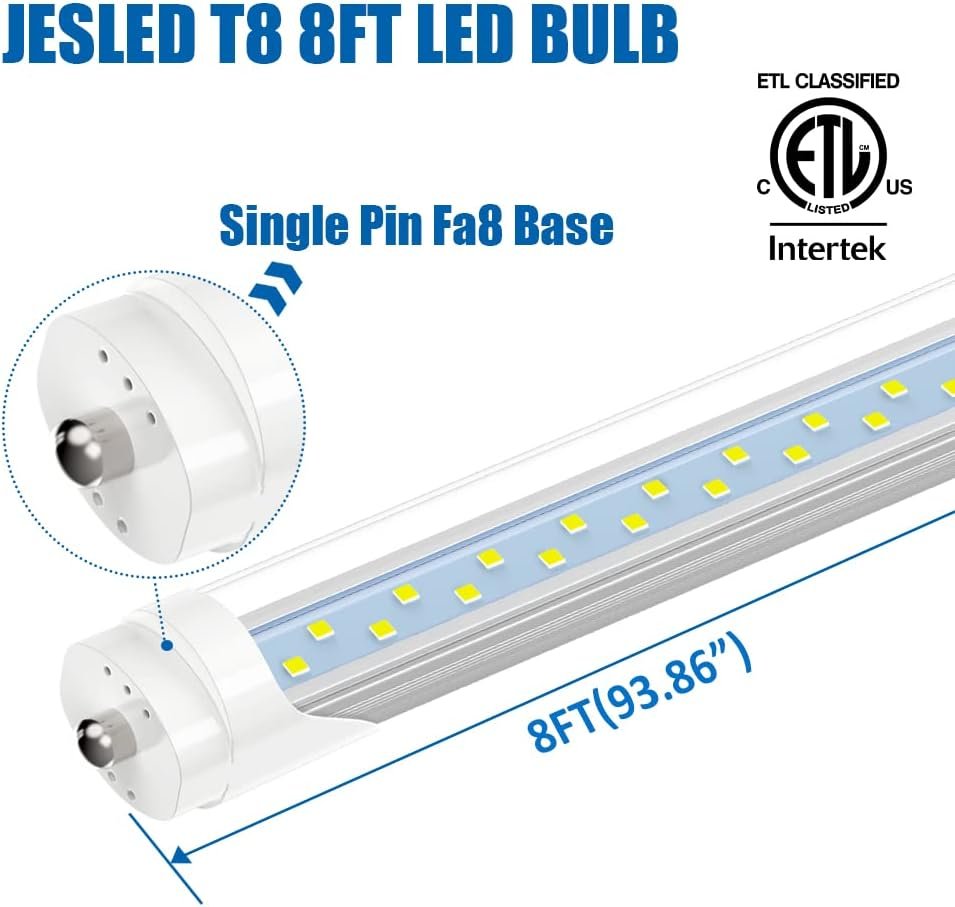 JESLED 8FT LED Bulb 50W, 130W Equivalent 8 Foot Single Pin Fa8 LED Tube Lights, Clear Cover, 5000K Daylight, 6000 Lumens, T8 T10 T12 96'' Fluorescent Light Replacement, Ballast Bypass (12-Pack)