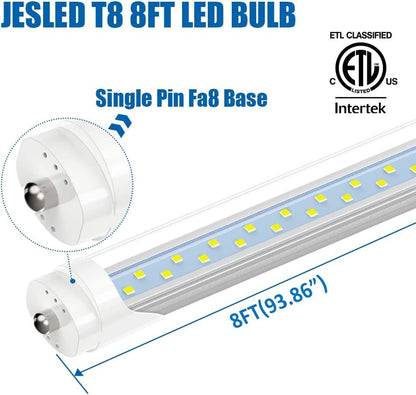 JESLED 8FT LED Bulb 50W, 130W Equivalent 8 Foot Single Pin Fa8 LED Tube Lights, Clear Cover, 5000K Daylight, 6000 Lumens, T8 T10 T12 96'' Fluorescent Light Replacement, Ballast Bypass (12-Pack)