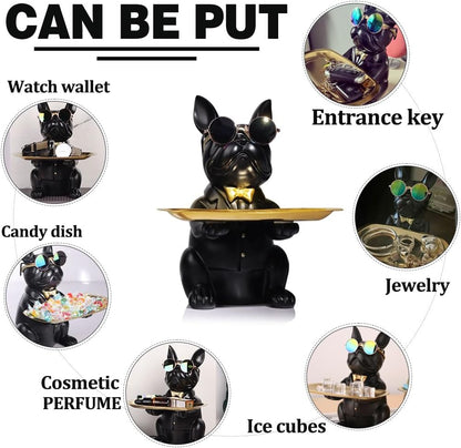 QIANLING Modern Decor Resin Bulldog Tray Statue Storage Key Holder Candy Jewelry Earrings Suitable for Home Art Dining Table Office Small Object (Black)